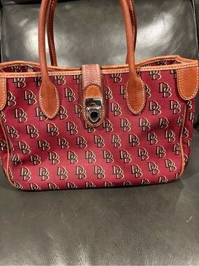Dooney & Bourke Burgundy Signature DB Small Double Handle Tite w/ Leather Trim
